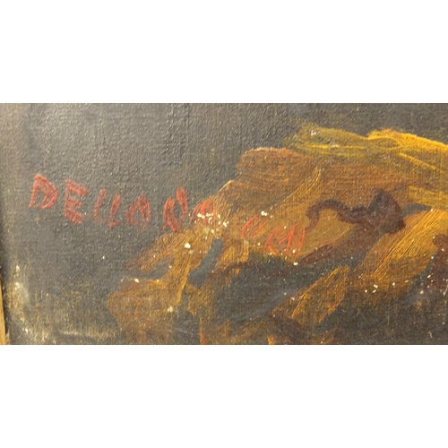 1296 - Oil onto canvas view of a figure on a bridge before a landscape setting, bearing a signature Deuod?,... 