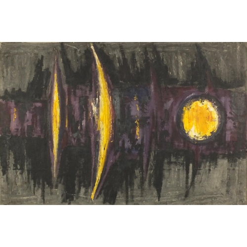 1290 - Oil onto canvas abstract composition of the sun and moon, bearing a signature M. Robson and dated 19... 