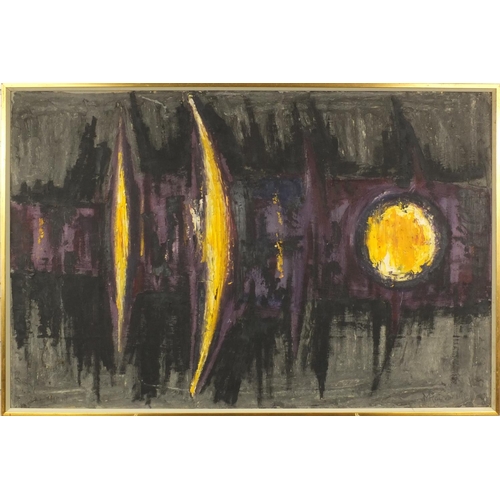 1290 - Oil onto canvas abstract composition of the sun and moon, bearing a signature M. Robson and dated 19... 