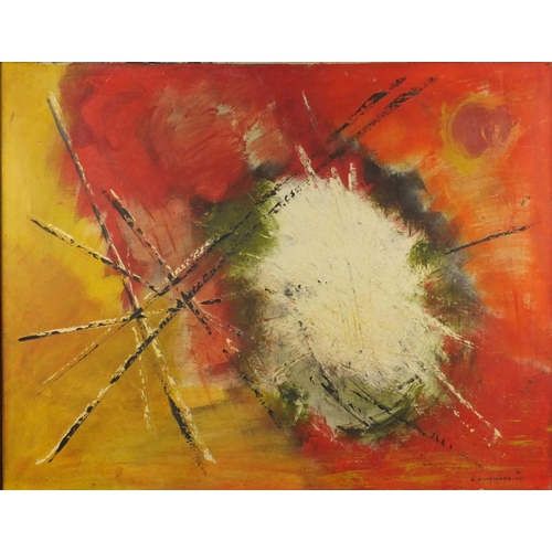 1295 - D. Woodward - Oil onto canvas abstract composition of vivid colours, dated 53, framed, 90cm x 71cm e... 