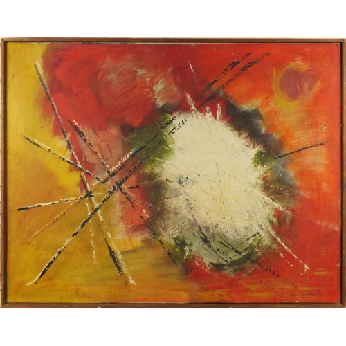 1295 - D. Woodward - Oil onto canvas abstract composition of vivid colours, dated 53, framed, 90cm x 71cm e... 