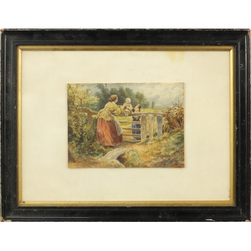 1297 - Victorian watercolour onto board view of a mother with child, bearing a monogram BF, mounted and fra... 