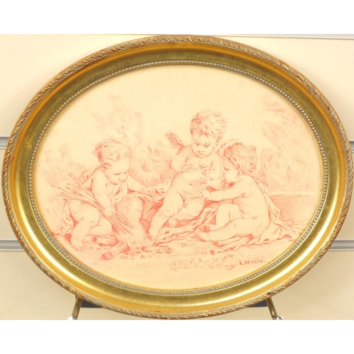 1328 - Pair of oval crayon drawings of putti, bearing a signature L. Brulin, both gilt framed, each 24cm x ... 