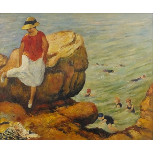 1294 - Modern British oil onto board view of a seated female on a rock beside sea, bearing a monogram TS, 6... 