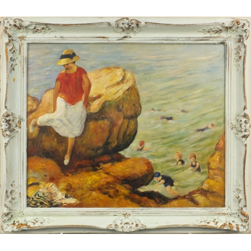 1294 - Modern British oil onto board view of a seated female on a rock beside sea, bearing a monogram TS, 6... 