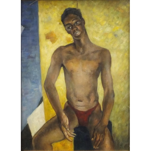 1320 - African School oil onto canvas view of a seated semi clad young man, mounted and framed, bearing a m... 