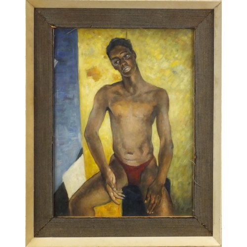 1320 - African School oil onto canvas view of a seated semi clad young man, mounted and framed, bearing a m... 