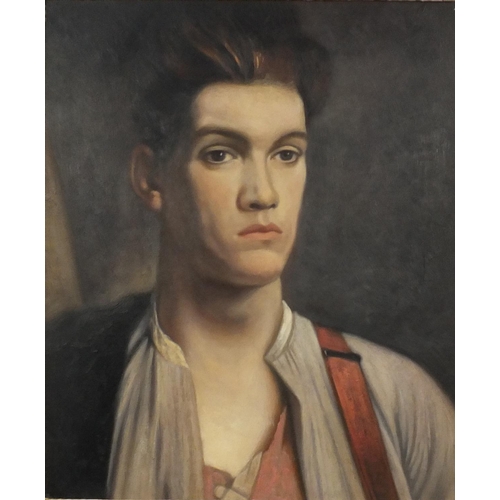 1306 - Modern British oil onto board view of a young man, ornately framed, 60cm x 49cm excluding the frame