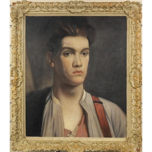 1306 - Modern British oil onto board view of a young man, ornately framed, 60cm x 49cm excluding the frame