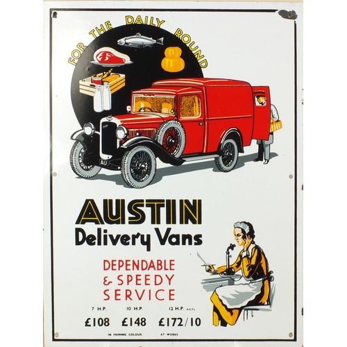 169 - Enamel advertising sign - Austin Delivery Vans For The Daily Round, 51cm x 38cm