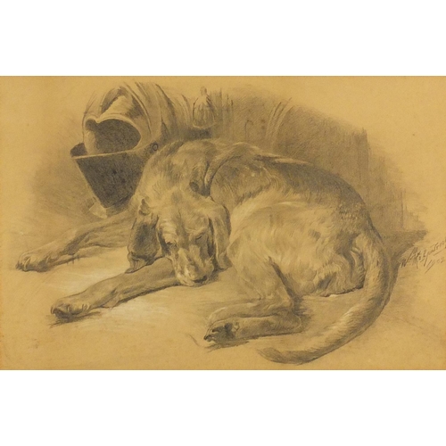 1315 - Pencil sketch of a sleeping dog, indistinctly signed, dated 1902, mounted and framed, 50cm x 38cm ex... 