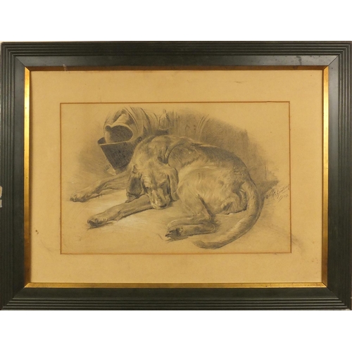 1315 - Pencil sketch of a sleeping dog, indistinctly signed, dated 1902, mounted and framed, 50cm x 38cm ex... 