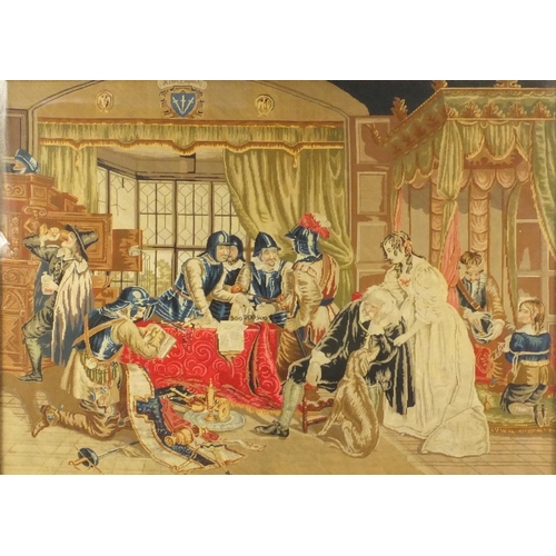 104 - Large Victorian tapestry of roundheads sequestering a gentry's assets, mounted in a heavily carved w... 