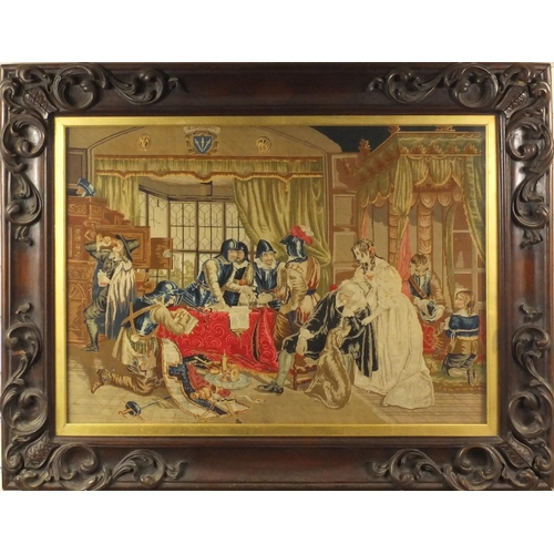 104 - Large Victorian tapestry of roundheads sequestering a gentry's assets, mounted in a heavily carved w... 