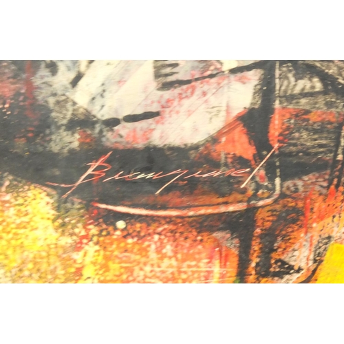 1310 - Oil onto board abstract composition, bearing an indistinct signature the board stamped 'Royal Board ... 