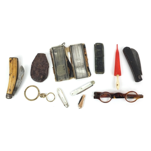 144 - Bag of objects including gold coloured metal flanked folding fruit knife, bone Stanhope, faux tortoi... 