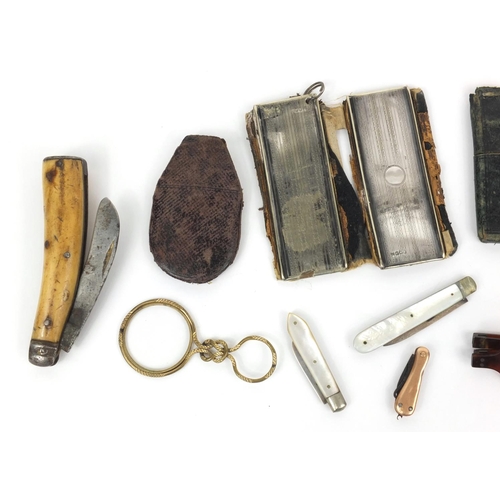 144 - Bag of objects including gold coloured metal flanked folding fruit knife, bone Stanhope, faux tortoi... 