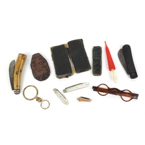 144 - Bag of objects including gold coloured metal flanked folding fruit knife, bone Stanhope, faux tortoi... 