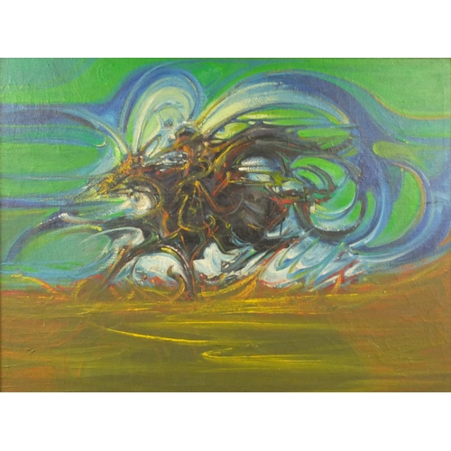 1270 - Oil onto canvas Surrealist figure on horseback, gilt framed, 59cm x 45cm excluding the frame