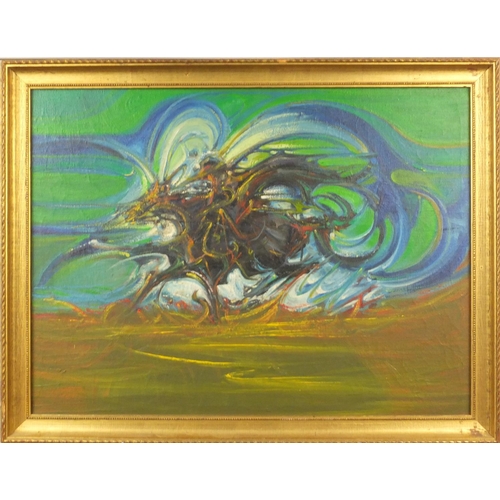 1270 - Oil onto canvas Surrealist figure on horseback, gilt framed, 59cm x 45cm excluding the frame