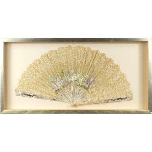 102 - Victorian hand painted fan, the mother of pearls sticks with silvered floral inlay, signed Vinol?, m... 