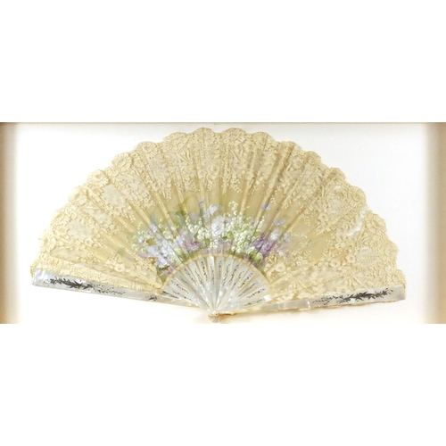 102 - Victorian hand painted fan, the mother of pearls sticks with silvered floral inlay, signed Vinol?, m... 