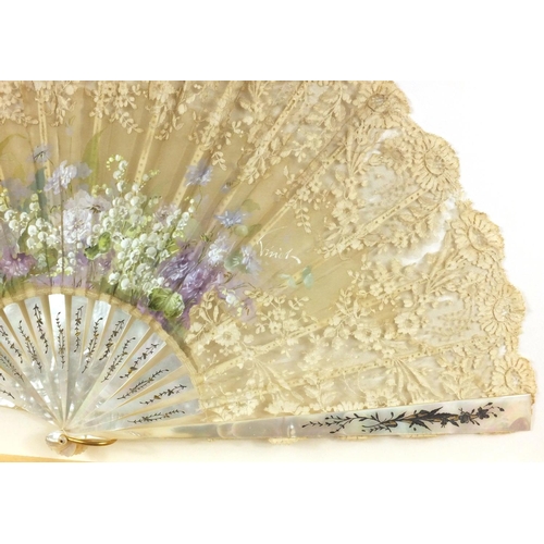 102 - Victorian hand painted fan, the mother of pearls sticks with silvered floral inlay, signed Vinol?, m... 