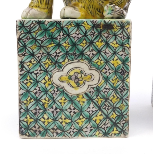 558 - Two oriental Chinese stoneware lion dogs hand painted with floral bases, each 26cm high