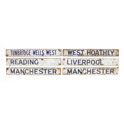 197 - Six railway interest enamel plaques including Liverpool, Manchester and Tunbridge Wells West, each 3... 