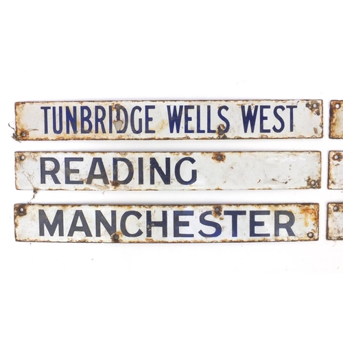 197 - Six railway interest enamel plaques including Liverpool, Manchester and Tunbridge Wells West, each 3... 