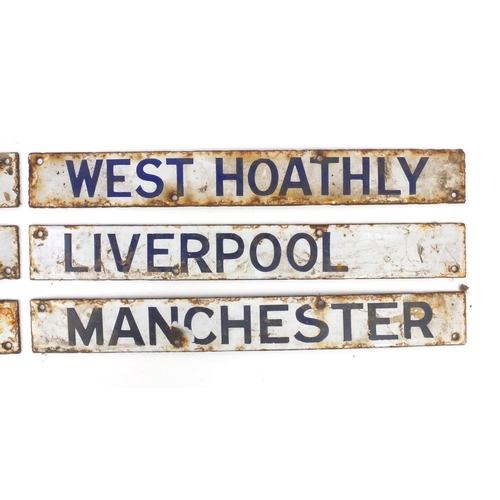 197 - Six railway interest enamel plaques including Liverpool, Manchester and Tunbridge Wells West, each 3... 