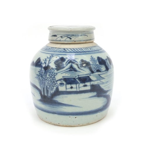 557 - Oriental Chinese blue and white stoneware ginger jar and cover hand painted with fishermen, 19cm hig... 