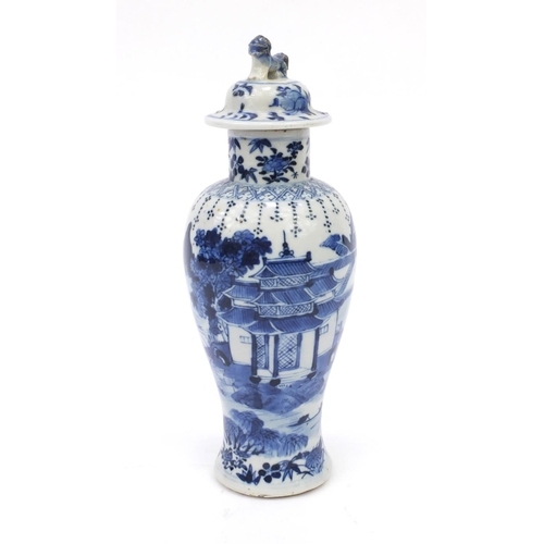 554 - Oriental Chinese blue and white porcelain baluster shaped vase and cover hand painted with scenes of... 