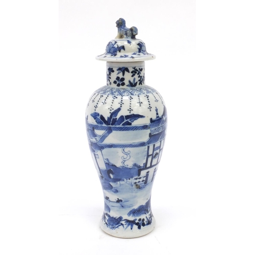 554 - Oriental Chinese blue and white porcelain baluster shaped vase and cover hand painted with scenes of... 