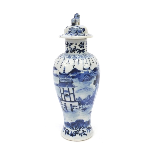 554 - Oriental Chinese blue and white porcelain baluster shaped vase and cover hand painted with scenes of... 