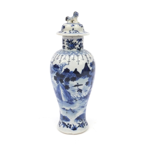 554 - Oriental Chinese blue and white porcelain baluster shaped vase and cover hand painted with scenes of... 