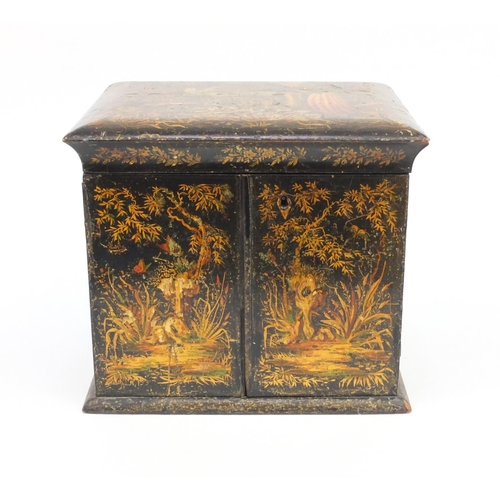 28 - Regency black lacquered wooden sewing box hand painted and gilded with flowers comprising a series o... 