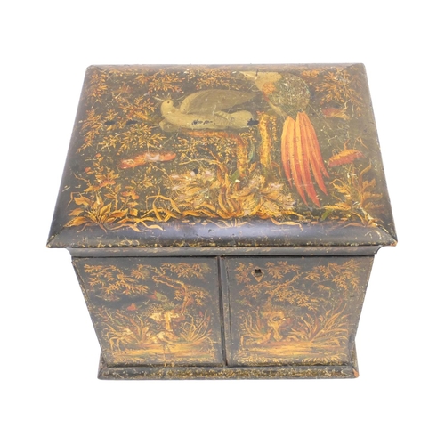 28 - Regency black lacquered wooden sewing box hand painted and gilded with flowers comprising a series o... 