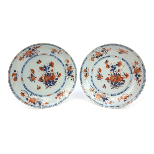 585 - Pair of oriental Chinese porcelain shallow bowls hand painted with flowers, each 28cm diameter