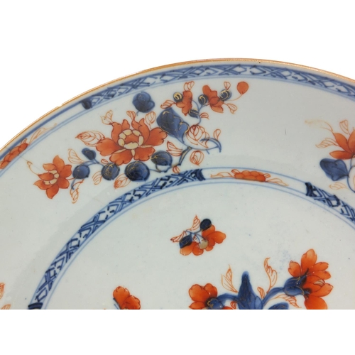 585 - Pair of oriental Chinese porcelain shallow bowls hand painted with flowers, each 28cm diameter