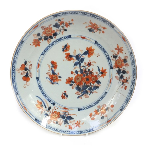 585 - Pair of oriental Chinese porcelain shallow bowls hand painted with flowers, each 28cm diameter