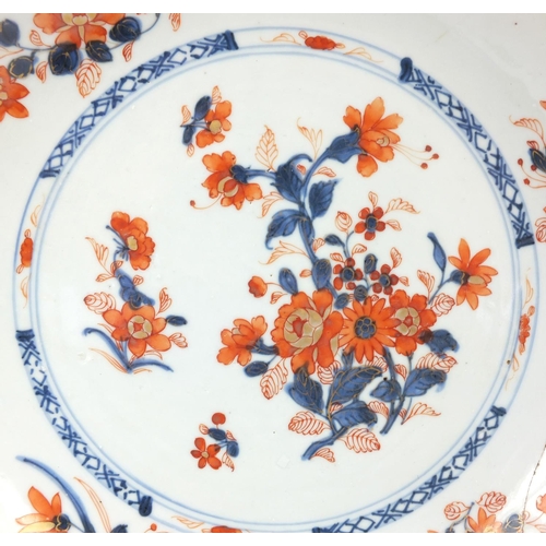 585 - Pair of oriental Chinese porcelain shallow bowls hand painted with flowers, each 28cm diameter