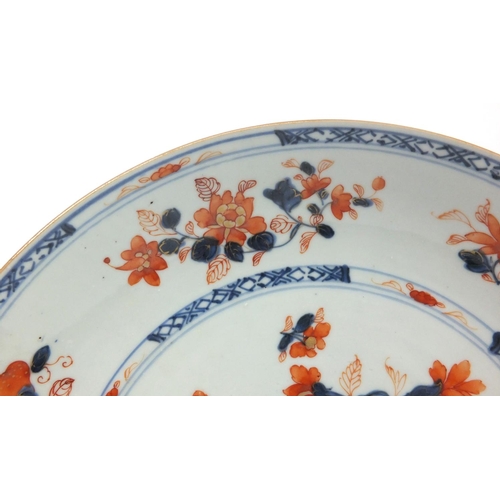 585 - Pair of oriental Chinese porcelain shallow bowls hand painted with flowers, each 28cm diameter