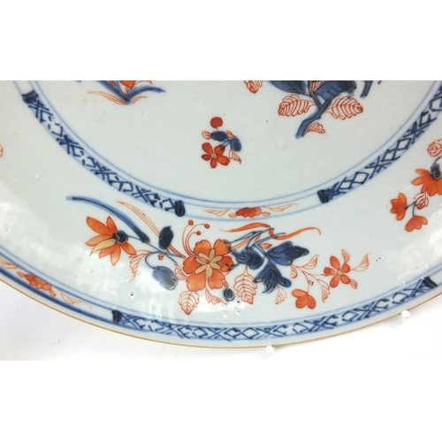 585 - Pair of oriental Chinese porcelain shallow bowls hand painted with flowers, each 28cm diameter