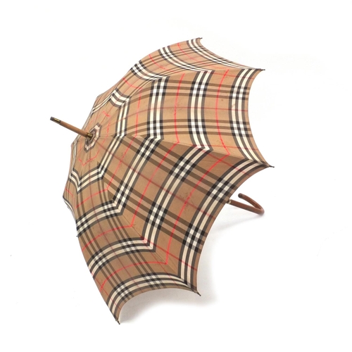 89 - Vintage Burberry tartan umbrella, brass Burberrys plaque to handle, 82cm long