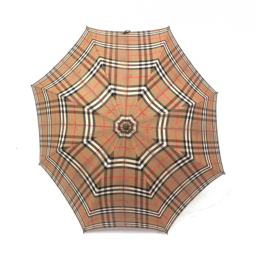 89 - Vintage Burberry tartan umbrella, brass Burberrys plaque to handle, 82cm long