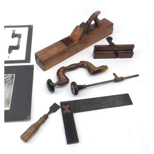 52 - Collection of 19th century woodworking tools including Marples & Sons brace, bench plane, A.J. Turpi... 
