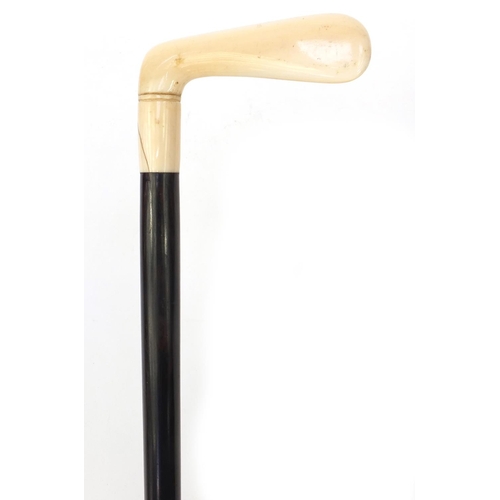 67 - Golfing interest rosewood walking stick with ivory handle modelled as a putter, 89cm long