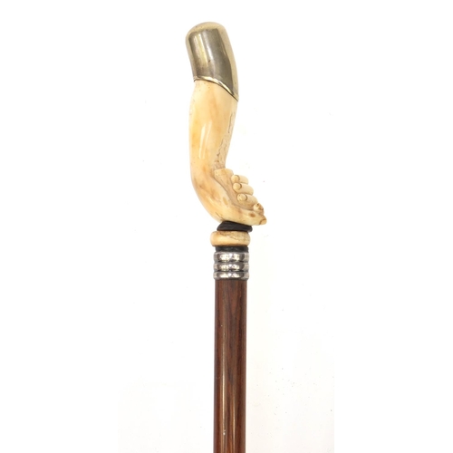 65 - Rosewood walking stick with ivory handle modelled as a clenched fist with silver plated top, 92cm lo... 