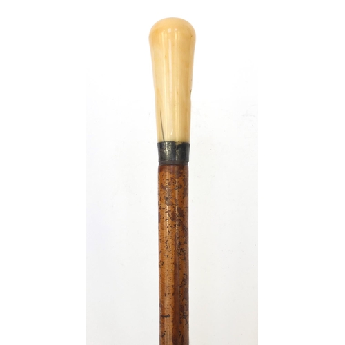 70 - Malacca walking stick with ivory pommel inset with a compass and silver collar, 96cm long